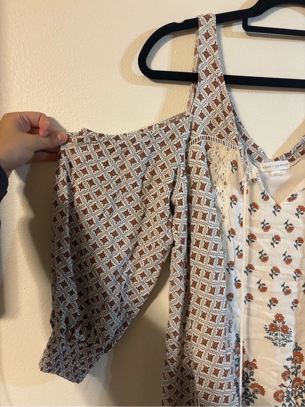 Cold-Shoulder Floral Boho Tunic Top - Cream & Brown - Picture 2 of 6